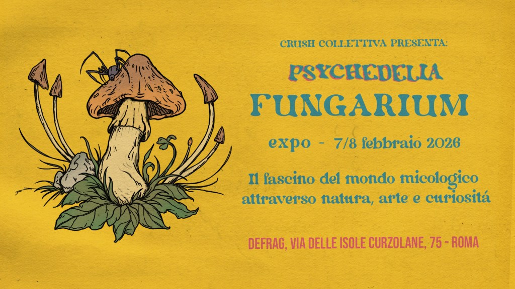 Fungarium Expo: il fascino del mondo micologico attraverso natura, arte e curiosità | mostra all'interno di Psychedelia - dagli stati alterati di coscienza allo sciamanesimo, dalle allucinazioni alle pratiche psicotrope (7/8 febbraio 2026, Roma) | organizzatori: CRUSH Collettiva, in collaborazione con l'associazione culturale Defrag | arte, libri, musica, divulgazione. 